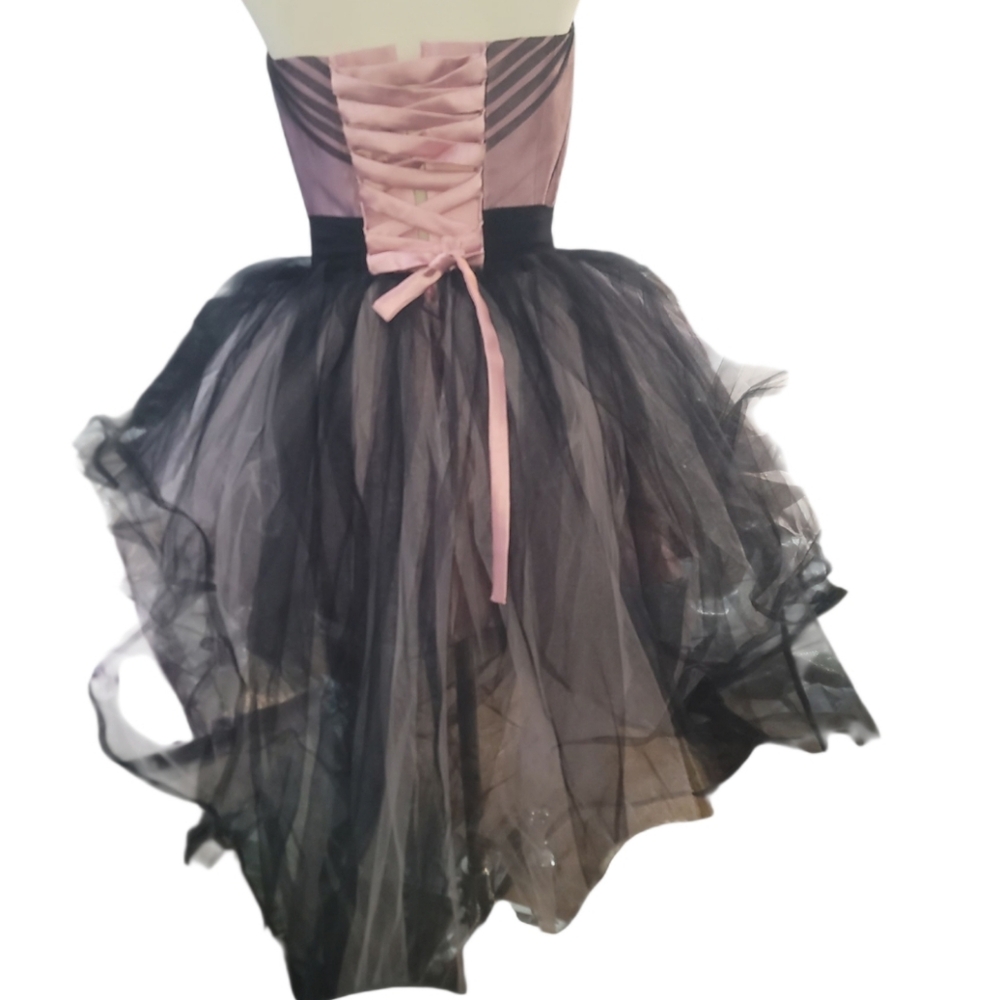 pauline Black Pink satin Asymmetrical Ruched corset mesh Prom Dress occassion - Picture 7 of 8